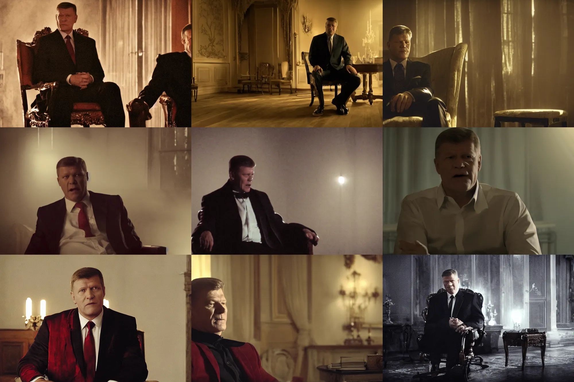 Prompt: a film still of Klaus Iohannis the vampire sitting in a chair, dramatic lighting