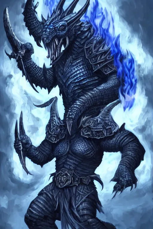 Prompt: a dark blue dragonborn with large tusks, half of his face flaming with blue flame, he wears a black dragon scales armor, art
