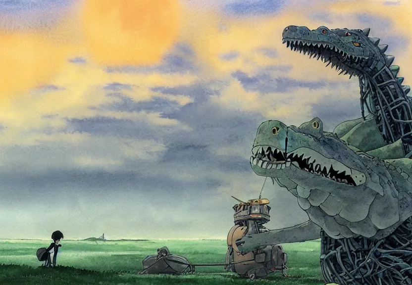 Image similar to a hyperrealist watercolor concept art from a studio ghibli film showing a giant grey mechanized crocodile from howl's moving castle ( 2 0 0 4 ). stonehenge is under construction in the background, in the rainforest on a misty and starry night. by studio ghibli. very dull muted colors