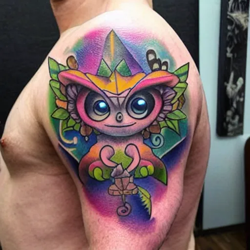 Image similar to shoulder tattoo of a multicolored spaced out cute bush baby, eyes are colorful spirals, surrounded with colorful magic mushrooms and marihuana leaves, insanely integrate