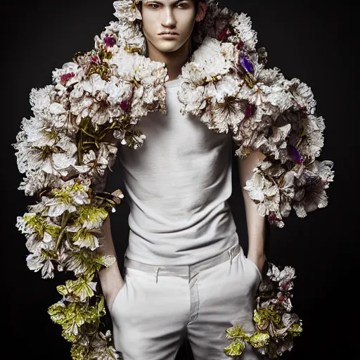 Image similar to a portrait of a beautiful young male wearing an alexander mcqueen armor made of orchids , photographed by andrew thomas huang, artistic