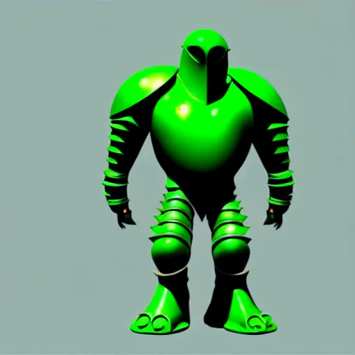 Image similar to a picture of a giant armour green man with his fist up in the alien land, vector art by mor than, low angle, trending on deviantart, mingei, flat shading, prerendered graphics, marvel comics, unreal engine 5