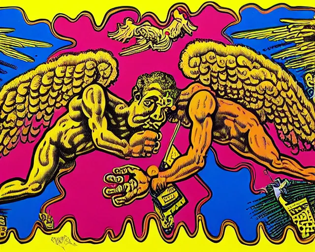 Prompt: two angels fighting each other painted by Peter Saul, Robert Crumb, Philip Guston, Joakim Ojanen, outsider art, very coherent symmetrical, 8k, extreme detail, intricate detail, masterpiece