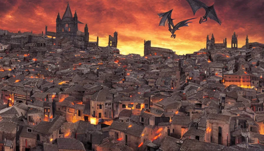 Image similar to the monumental city of caceres with dragons flying over it, digital art, trending on artstation