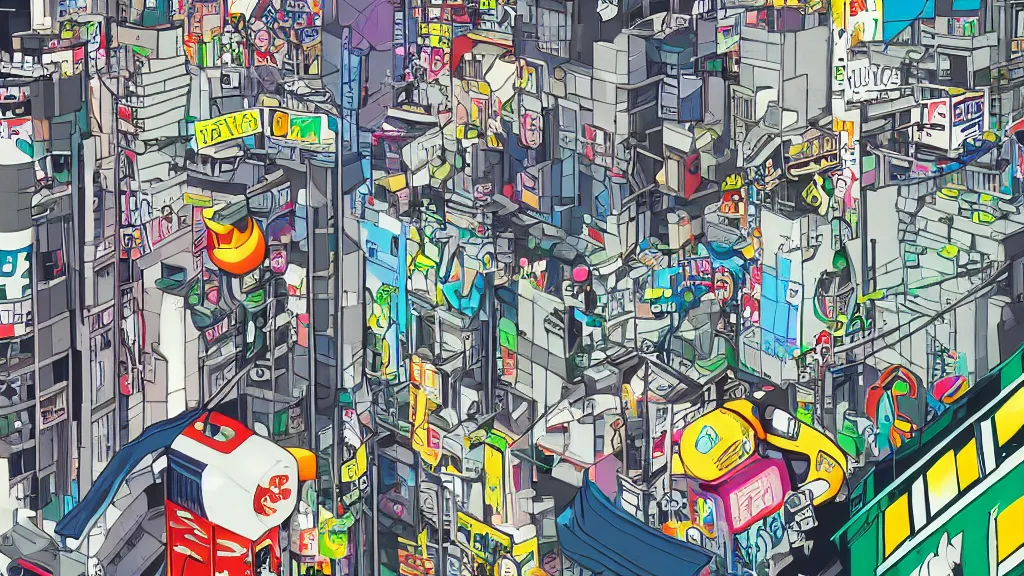 Prompt: y2k platform game, daytime, tokyo, robot, graffiti, city, cel shaded, jet set radio