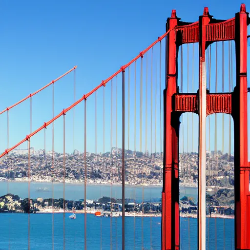 Image similar to San Francisco bridge with nyc skyline behind it, canon 8k, detailed, realistic, sunny