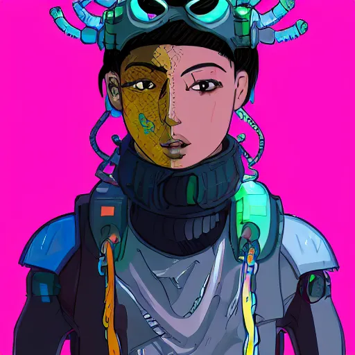 Prompt: in the style of ghostshrimp and bubbltek a highly detailed character concept illustration of a young mixed race male explorer wearing a cyberpunk headpiece