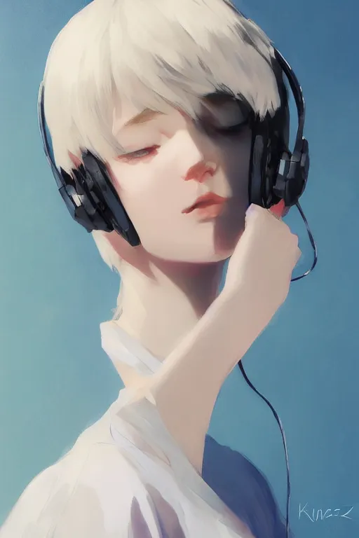 Prompt: a cute young woman listening to music with her eyes closed and wearing headphones in the style of Ilya Kuvshinov and Range Murata, white bob cut hair, blue filter, blue and white, vivid colors, soft lighting, cinematic, moody, oil on canvas by Krenz Cushart, 8k