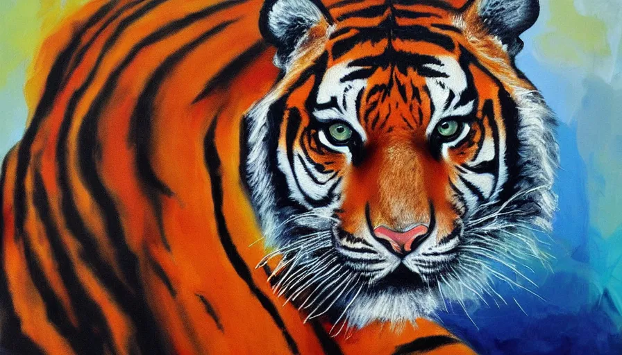 Image similar to tiger, painting on canvas, watedrops, acrylic painting, acrylic pouring, painting, influencer, artstation - h 8 0 0