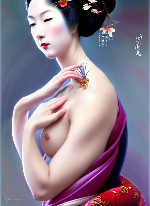 Prompt: organic seductive Geisha, pearlescent skin, diffuse lighting, fantasy, intricate, elegant curved pose, highly detailed, lifelike, photorealistic, digital painting, artstation, illustration, concept art, different full body view, smooth, sharp focus, art by John Collier and Albert Aublet and Leonardo da vinci and Krenz Cushart and Artem Demura and Alphonse Mucha