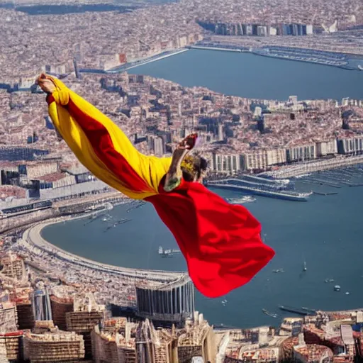 Image similar to santigo abascal flying over barcelona wearing a red and yellow cape