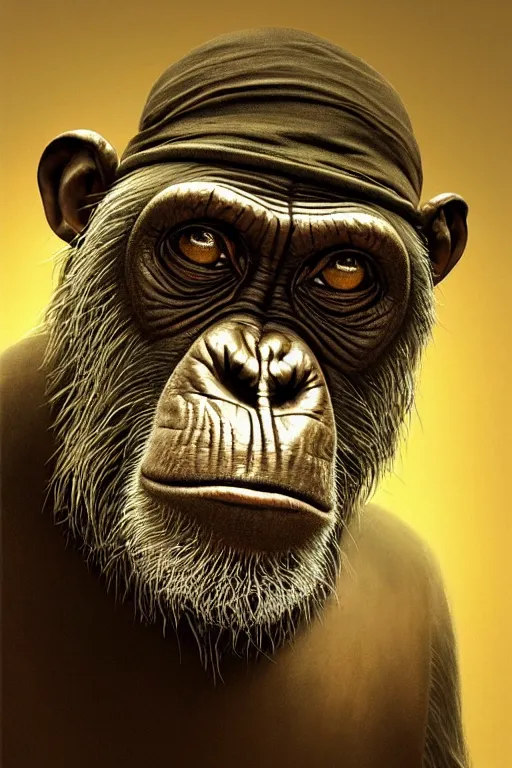 Image similar to portrait of an old chimpanzee wearing a elegant hat, intricate wrinkles, dystopian, sci-fi, evening light, extremely detailed, hands, digital painting, sculpted in zbrush, artstation, concept art, smooth, sharp focus, illustration, chiaroscuro lighting, golden ratio, incredible art by Stanley Artgerm Lau and Greg Rutkowski, composition by Alphonse Mucha and Simon Stalenhag