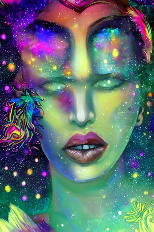 Image similar to psychedelic, digital painting, 4k, illustration, beautiful seductive woman with fox ears smoking weed, with professional makeup, long trippy hair, a crystal and flower dress, sitting on a reflective pool, surrounded by gems, underneath the stars, rainbow fireflies, trending on patreon, deviantart, twitter, artstation, volumetric lighting, heavy contrast, art style of Greg Rutkowski and Victoria gavrilenko and alphonse mucha
