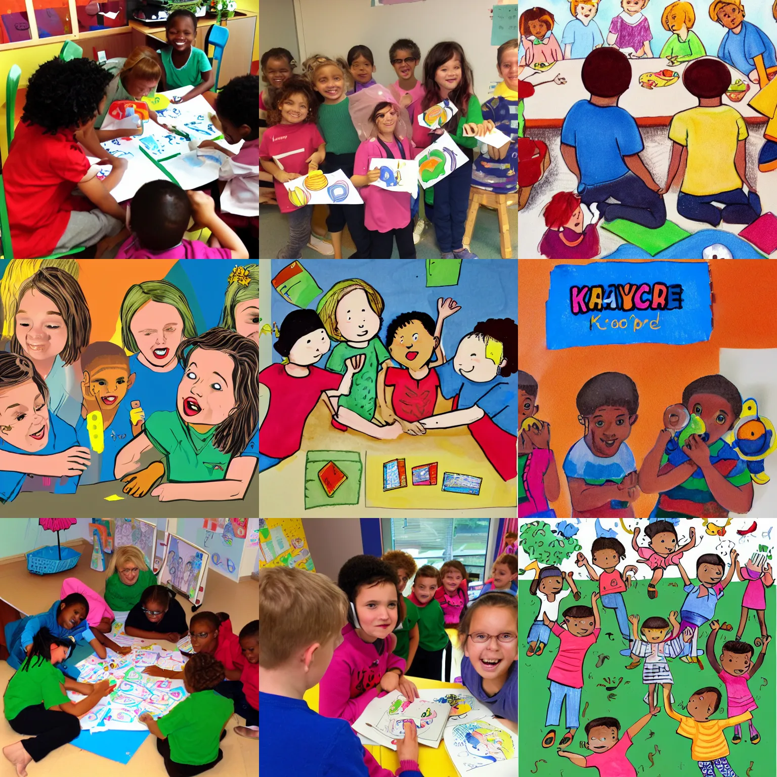 Prompt: The children at Kaycare were always up to something exciting , Childrens Illustration