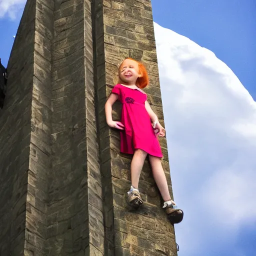 Prompt: a ginger hair princess locked in tower very high up in the sky