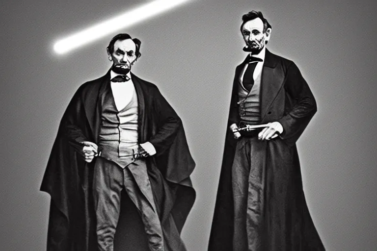 Prompt: Abraham Lincoln in Jedi robes with a lightsaber