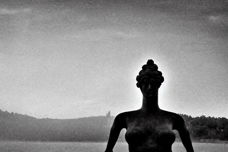 Prompt: masterpiece giant statue of a beautiful antic goddess with long hair, scuplted by MichelAngelo, the face emerging from the lake, mist, lomography photo effect, monochrome, noise grain film, cl