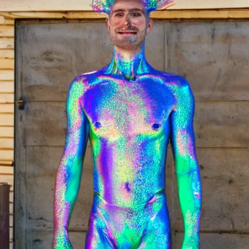 Prompt: a human standing in his garage, he is covered with iridescent bodypaint, his hair has shells and barnacles