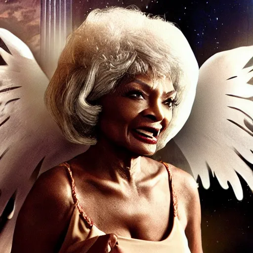 Image similar to nichelle nichols as a heavenly angel in cloud heaven photorealistic fantasy epic