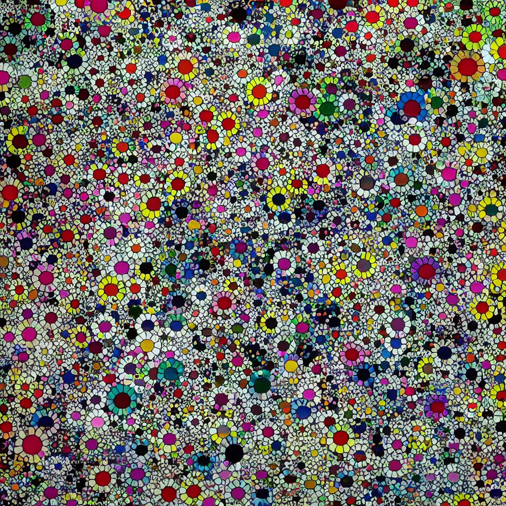 Image similar to camouflage made of flowers, style of takashi murakami, abstract, rei kawakubo artwork, cryptic, stipple, lines, splotch, color tearing, pitch bending, color splotches, dark, ominous, eerie, minimal, points, technical, old painting