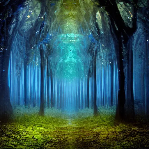 Image similar to portrait of an ethereal forest made of blue light, divine, cyberspace, mysterious, dark high-contrast concept art