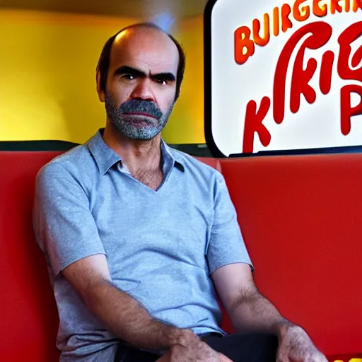 Prompt: Trevor Philips sitting at a burger king