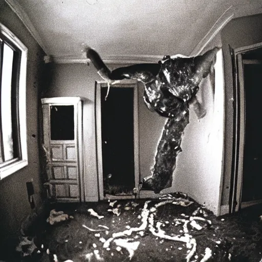 Image similar to 1 9 9 3, disposable camera, flash, old house, creature, meat, ooze, slime, veins, pov