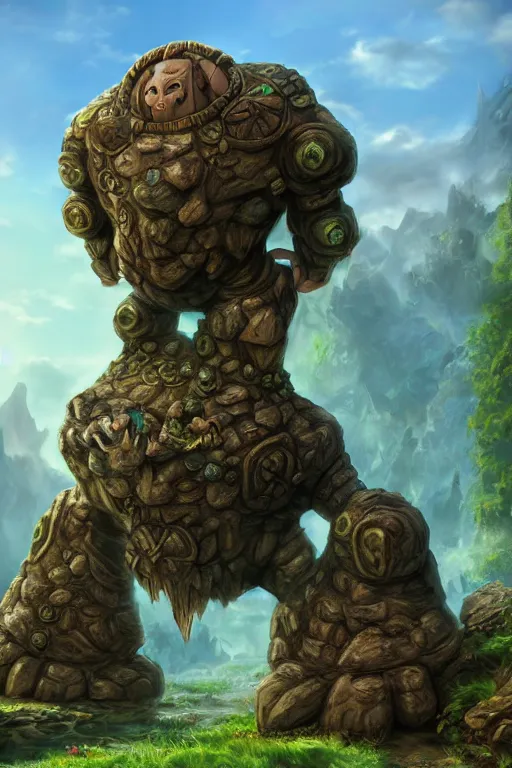 Image similar to zelda fantasy art giant golem troll wood rock greeble gemstone, global illumination ray tracing hdr fanart arstation by sung choi and eric pfeiffer and gabriel garza and casper konefal