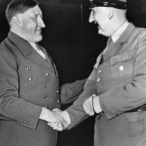 Prompt: adolf hitler shaking hands with shrek