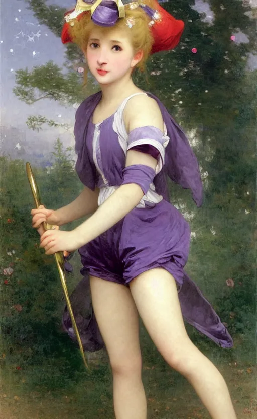 Prompt: A full body image of a cute magical girl with short blond hair wearing an oversized purple Beret, Baggy Purple overall shorts, Short Puffy pants made of silk, pointy jester shoes, a big billowy scarf, Golden Ribbon, and white leggings Covered in stars. Short Hair. Sunlit. Haute Couture. Art by william-adolphe bouguereau and Paul Delaroche and Alexandre Cabanel and Lawrence Alma-Tadema and Johannes Helgeson and WLOP. Smooth. Elegant. Highly Detailed. Intricate. Surrounded by clouds. 4K. UHD. Denoise.