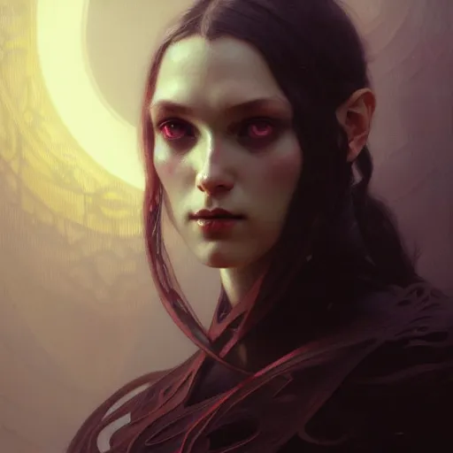 Image similar to Portrait of evil girl, face, dark fantasy, intricate, elegant, highly detailed, digital painting, artstation, concept art, smooth, sharp focus, illustration, art by zeronis and greg rutkowski and alphonse mucha