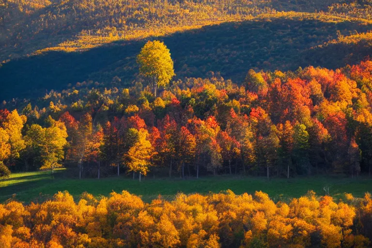 Image similar to a hill with a radio tower next to a pond, autumn hills in background. telephoto lens photography.