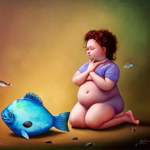 Image similar to a hype realistic oil painting of the most cute little fat girl kissing a huge colorful cute fish. hype realistic scene. studio lighting. window. 3 d, octane render, deep focus, fashion style, white scene. very funny and sweet art. unreal engine. watercolor. fellini style. poster quality. da vinci painting style. highly detailed.