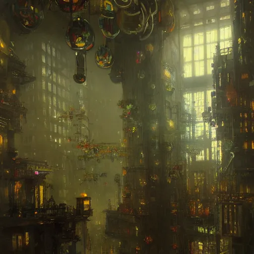 Prompt: detailed painting of an interior view of a cyberpunk skyscraper in 1 9 4 0,, floral ornaments, volumetrics lights, beam of bright lights through the fog, andreas achenbach