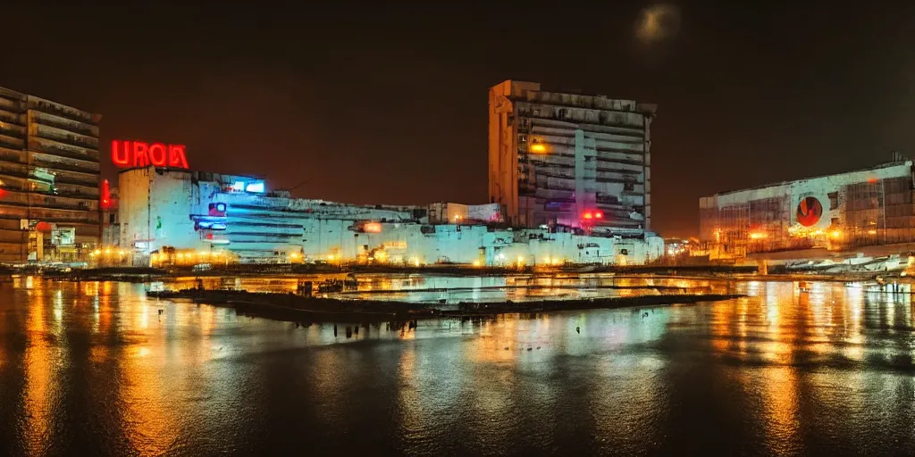 Image similar to Belgrade at night in cyberpunk style, brutalist architecture, neon lights, ultra realistic, highly detailed, HD, sharp focus, cinematic lighting, realistic, vivid colors, photo, film, non blurry, sharp