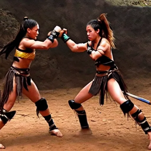 Image similar to athletic female amazon warriors fighting in the arena, cinematic, highly detailed, action movie