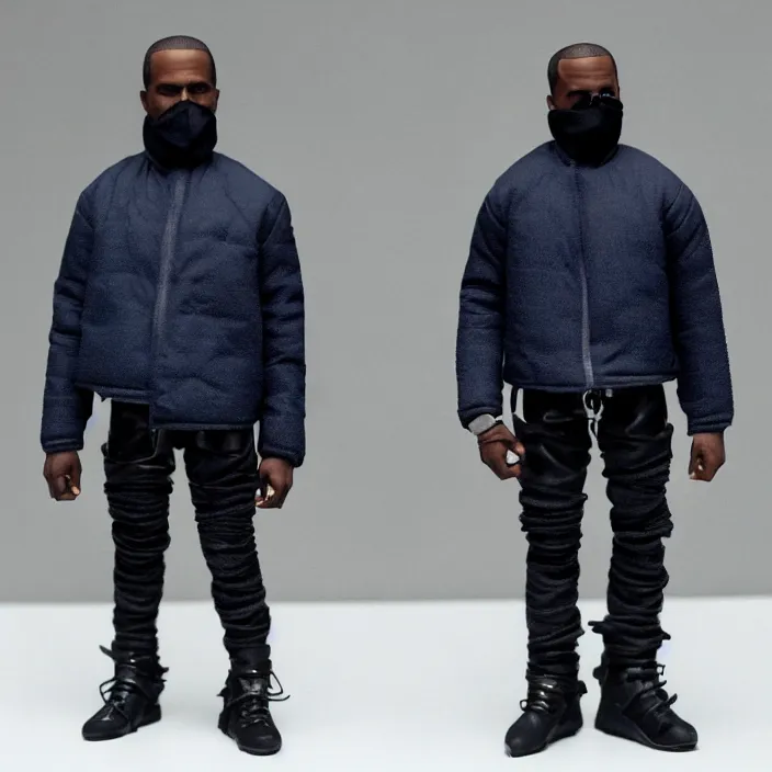 Image similar to a hot toys figure of kanye west using a full face covering black mask, a small, tight, undersized reflective bright blue round puffer jacket made of nylon, dark jeans pants and big black balenciaga rubber boots, figurine, detailed product photo