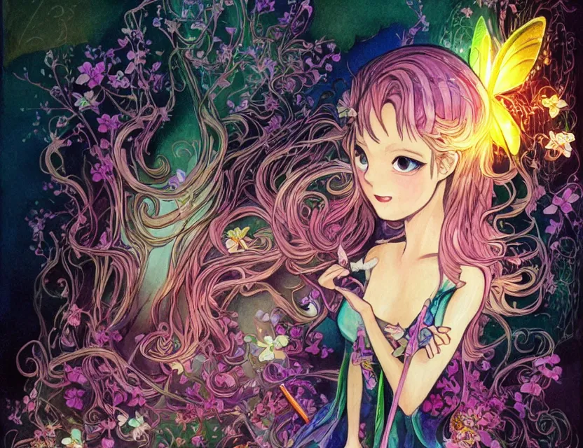 Image similar to fairy princess of electronics. gouache painting by award - winning mangaka, chiaroscuro, bloom, backlighting, intricate details