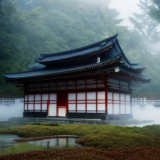 Image similar to detailed photo of a Japanese temple in the morning with mist around the ground, cinematic, golden ratio, beautiful, high detail