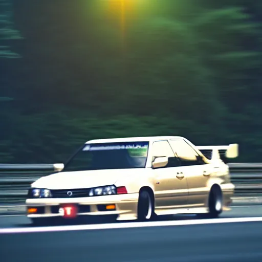 Image similar to a car drifting Toyota JZX100 in middle of road, gunma prefecture, city sunset, cinematic color, photorealistic, highly detailed, bokeh