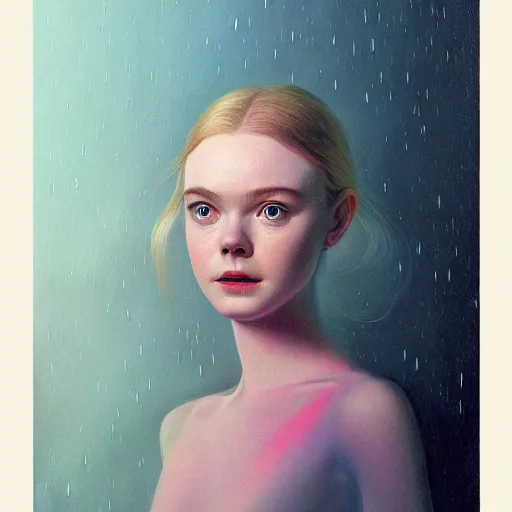 Image similar to Elle Fanning as a hologram in the world of Adam Wyeth, head and shoulders portrait, stormy weather, extremely detailed masterpiece, oil on canvas, low-key neon lighting, artstation, Blade Runner 2049, Roger Deakin’s cinematography, by J. C. Leyendecker and Peter Paul Rubens and Edward Hopper and Michael Sowa,