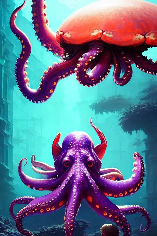 Prompt: highly detailed portrait of purple octopus playing with crab, stephen bliss, unreal engine, fantasy art by greg rutkowski, rhads, ferdinand knab, makoto shinkai and lois van baarle, ilya kuvshinov, rossdraws, tom bagshaw, global illumination, radiant light, red blue theme, coral reef