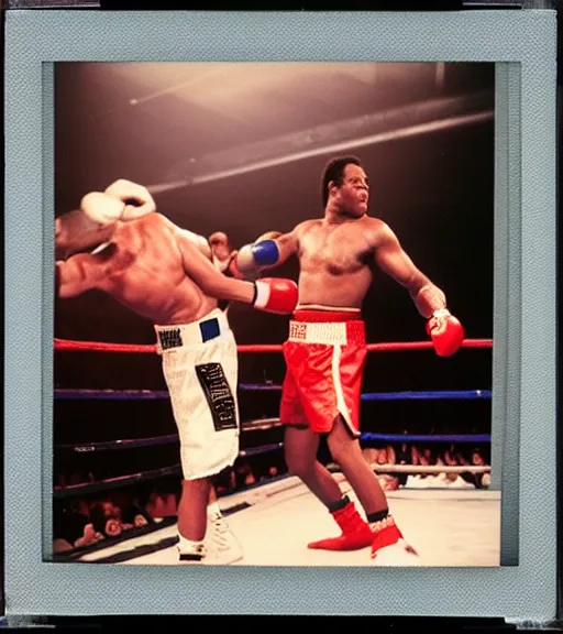 Image similar to photograph of Mike Tyson boxing Mohammed Ali round 12 heavy weight championship, taken on instant film polaroid, signed by mike tyson and mohammed ali