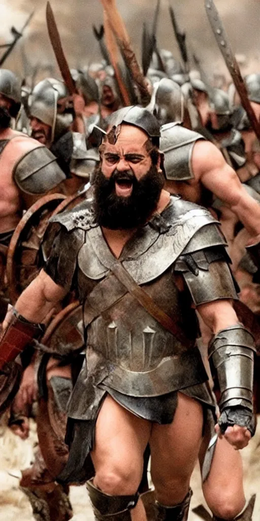 Prompt: Danny Devito dressed as Leonidas, with Leonidas beard, leading Spartans into battle, in screenshot from the 300 movie