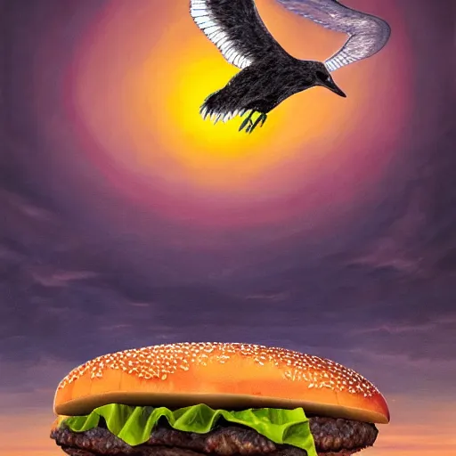 Prompt: a cheeseburger with wings, flapping its wings flying in sunset sky, oil on canvas, portrait, intricate, 8k highly professionally detailed, HDR, CGsociety