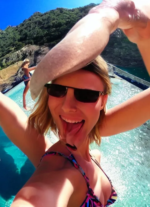 Prompt: viewed from my point of view : date with kristen bell, she's on my bed in bikini, gopro footage