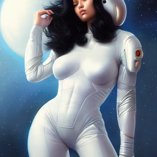 Image similar to a portrait of a very beautiful woman in a spacesuit, Alexandria's genesis, shoulder-length black hair, bored, illustration, soft lighting, soft details, painting oil on canvas by mark arian by artgerm, trending on artstation, 4k, 8k, HD