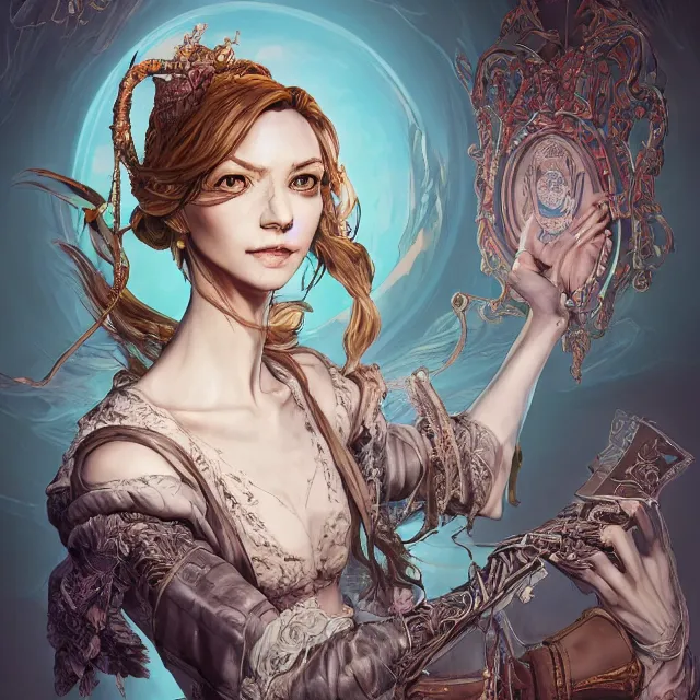 Image similar to the portrait of the lawful evil sorceress lawyer as an absurdly beautiful, conniving, elegant, jaded, woman, an ultrafine hyperdetailed illustration by kim jung gi, irakli nadar, intricate linework, bright colors, octopath traveler, final fantasy, unreal engine 5 highly rendered, global illumination, radiant light, detailed and intricate environment