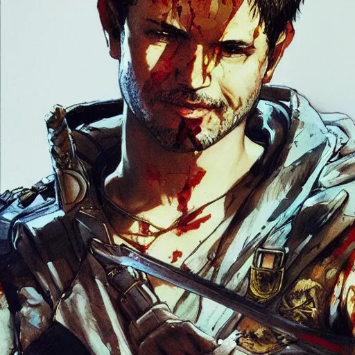 Image similar to portrait of a hero holding his sword in front of his face by yoji shinkawa, high quality, extra details, realism, ornate, colored, golden chain, blood, white skin, short hair, brown eyes, vivid, sunlight, dynamic, american man, freedom, white american soldier, painting