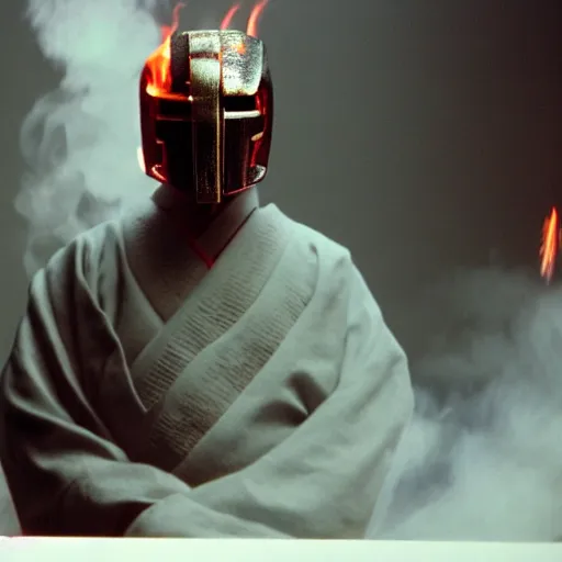 Image similar to cinematic film still MF Doom starring as a Samurai holding fire, Japanese CGI, VFX, 2003, 40mm lens, shallow depth of field,film photography